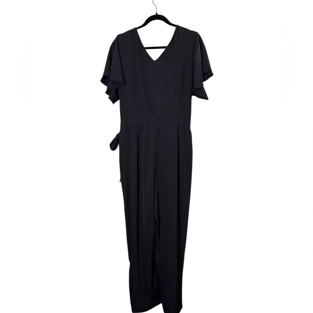 Halara Women’s Black Short Sleeve Wide Leg Wrap Jumpsuit Sz XL - Picture 6 of 16